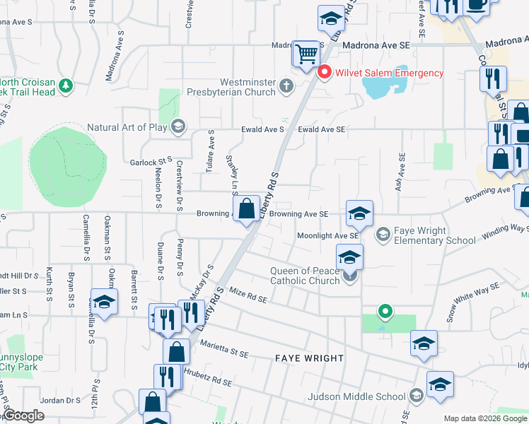 map of restaurants, bars, coffee shops, grocery stores, and more near 3980 Liberty Road South in Salem
