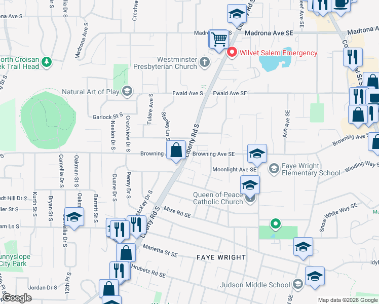 map of restaurants, bars, coffee shops, grocery stores, and more near 3980 Liberty Road South in Salem