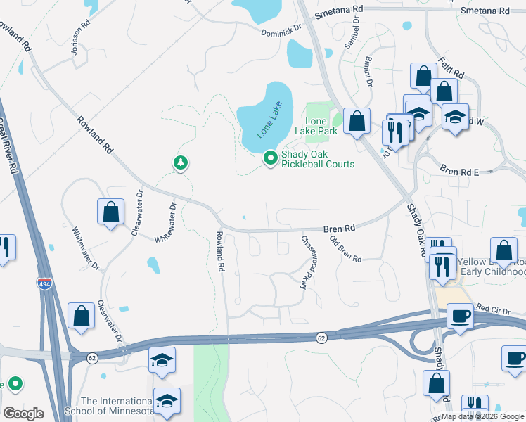 map of restaurants, bars, coffee shops, grocery stores, and more near 11810 Bren Road in Hopkins