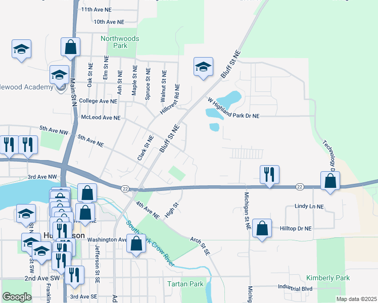 map of restaurants, bars, coffee shops, grocery stores, and more near 605 Waller Drive Northeast in Hutchinson