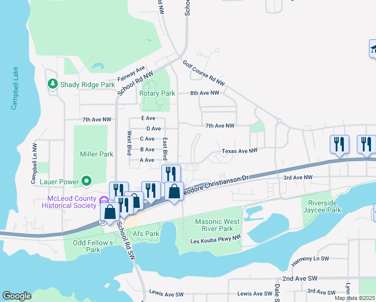 map of restaurants, bars, coffee shops, grocery stores, and more near 1035 Texas Avenue Northwest in Hutchinson