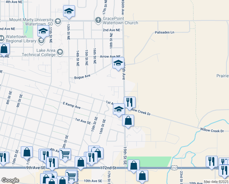 map of restaurants, bars, coffee shops, grocery stores, and more near 1825 Westminster Avenue North in Watertown