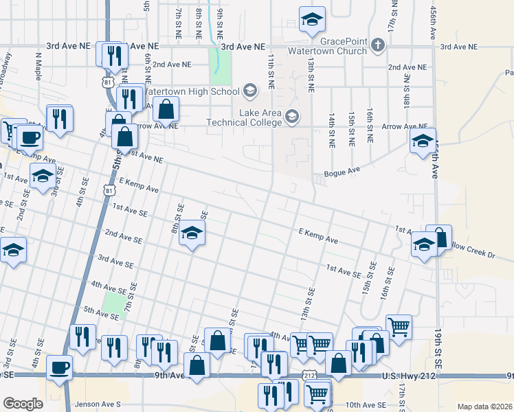 map of restaurants, bars, coffee shops, grocery stores, and more near 1030 1st Avenue Northeast in Watertown