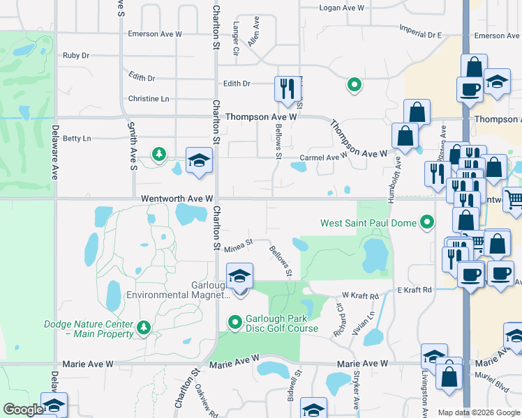 map of restaurants, bars, coffee shops, grocery stores, and more near 160 Wentworth Avenue West in Saint Paul