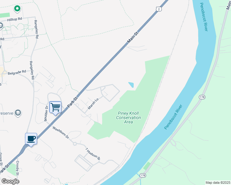 map of restaurants, bars, coffee shops, grocery stores, and more near 12 Black Bear Lane in Orono