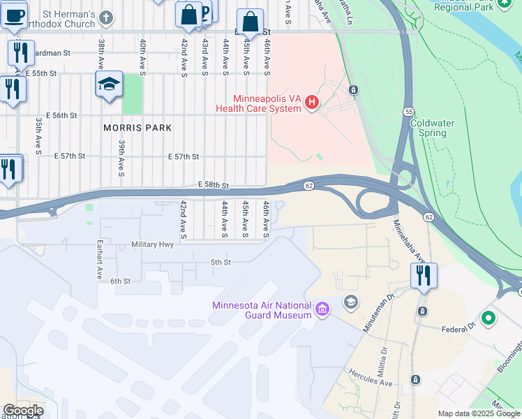 map of restaurants, bars, coffee shops, grocery stores, and more near 5801 45th Avenue South in Minneapolis
