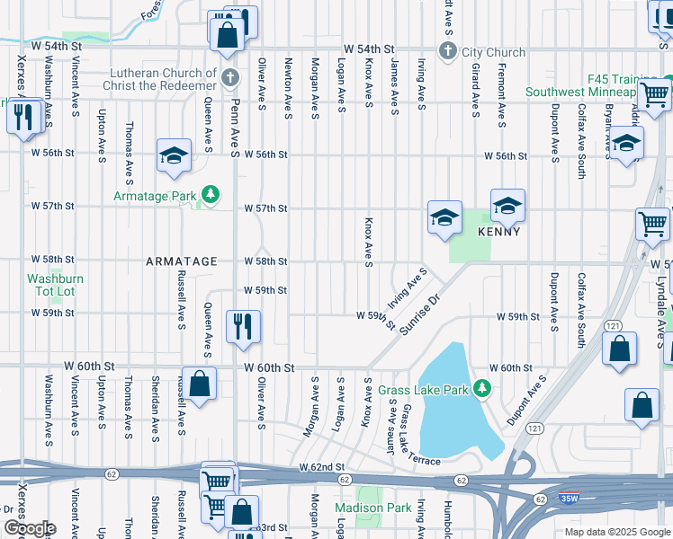 map of restaurants, bars, coffee shops, grocery stores, and more near 5757 Morgan Avenue South in Minneapolis