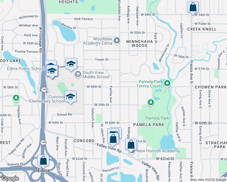 map of restaurants, bars, coffee shops, grocery stores, and more near 5800 Fairfax Avenue in Minneapolis