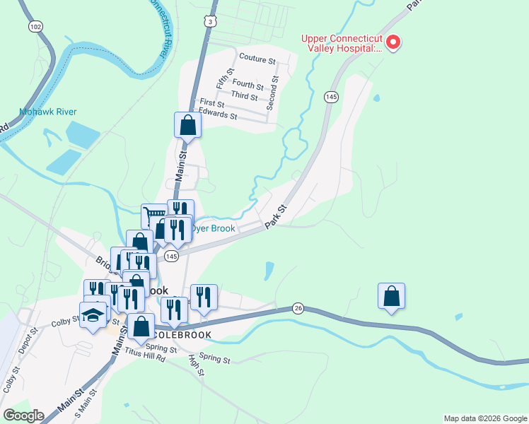 map of restaurants, bars, coffee shops, grocery stores, and more near 30 Pine Street in Colebrook