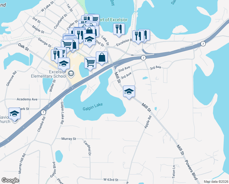 map of restaurants, bars, coffee shops, grocery stores, and more near 500 3rd Avenue in Excelsior