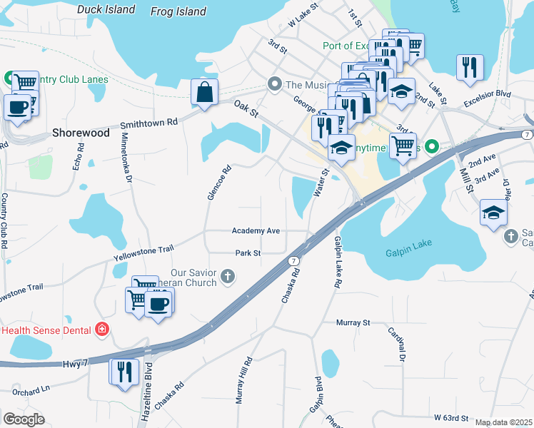 map of restaurants, bars, coffee shops, grocery stores, and more near 755 Grant Street in Excelsior