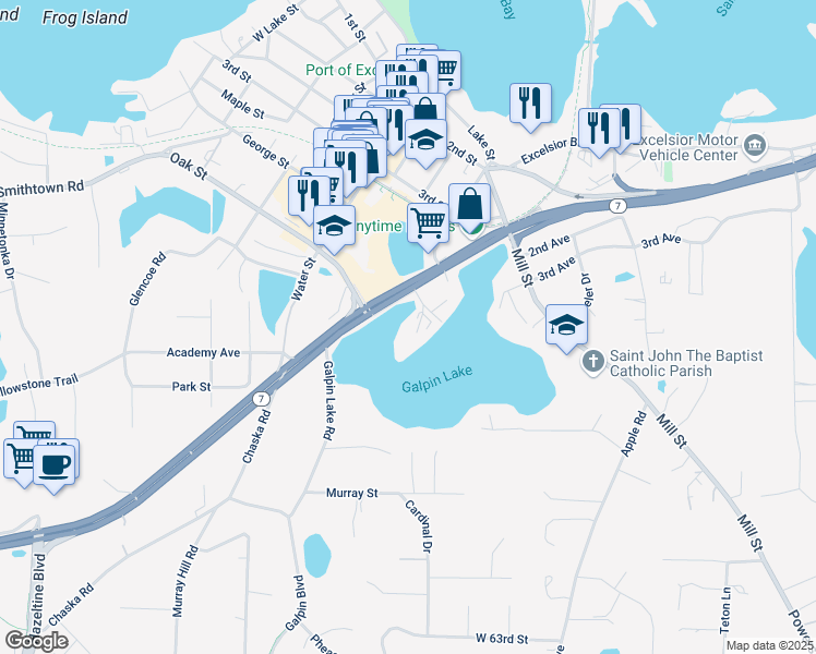 map of restaurants, bars, coffee shops, grocery stores, and more near 521 Linden Street in Excelsior