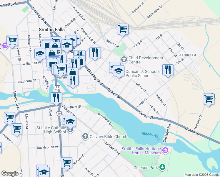 map of restaurants, bars, coffee shops, grocery stores, and more near 5 Queen Street in Smiths Falls