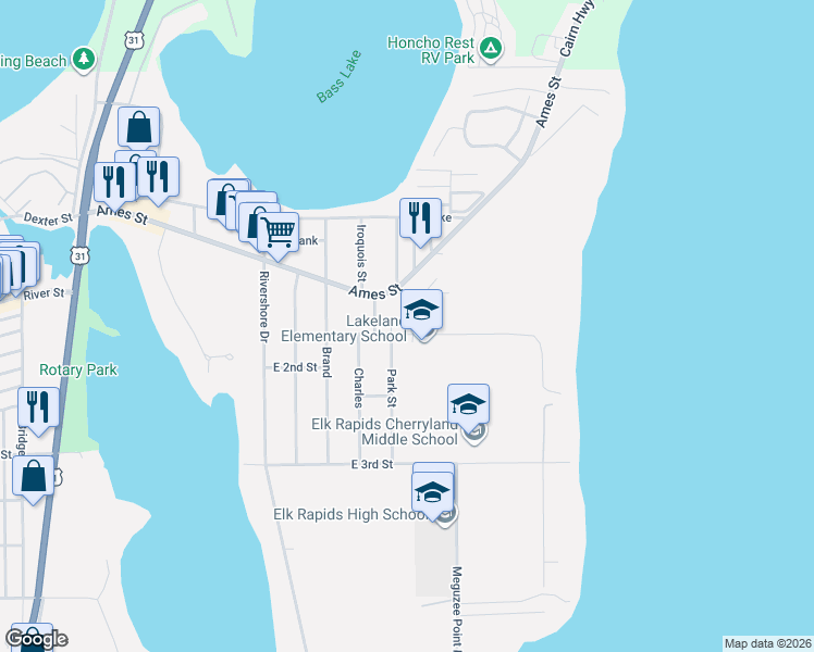 map of restaurants, bars, coffee shops, grocery stores, and more near 603 Buckley Street in Elk Rapids
