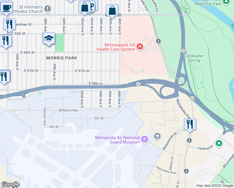 map of restaurants, bars, coffee shops, grocery stores, and more near 5801 45th Avenue South in Minneapolis