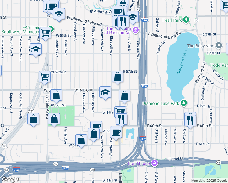 map of restaurants, bars, coffee shops, grocery stores, and more near 5751 Blaisdell Avenue in Minneapolis