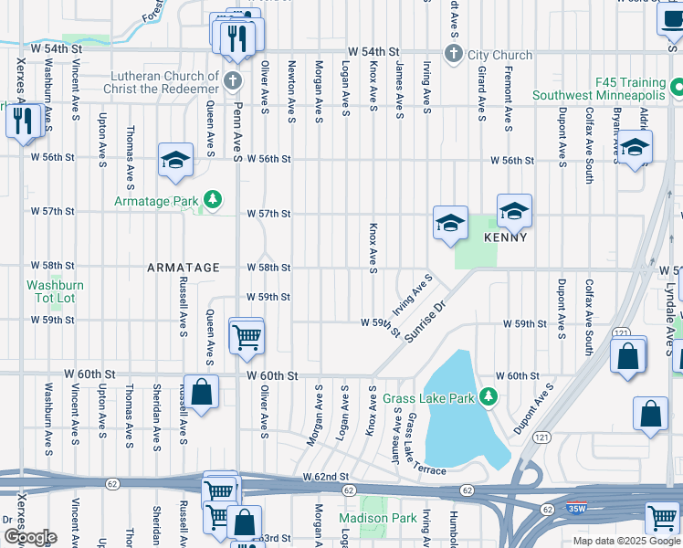 map of restaurants, bars, coffee shops, grocery stores, and more near 5757 Morgan Avenue South in Minneapolis
