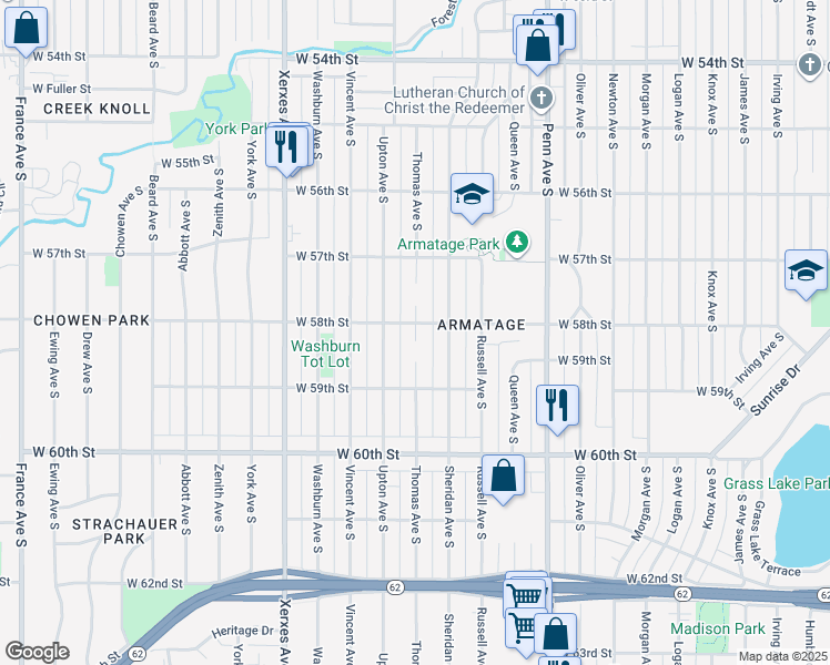 map of restaurants, bars, coffee shops, grocery stores, and more near 2620 West 58th Street in Minneapolis