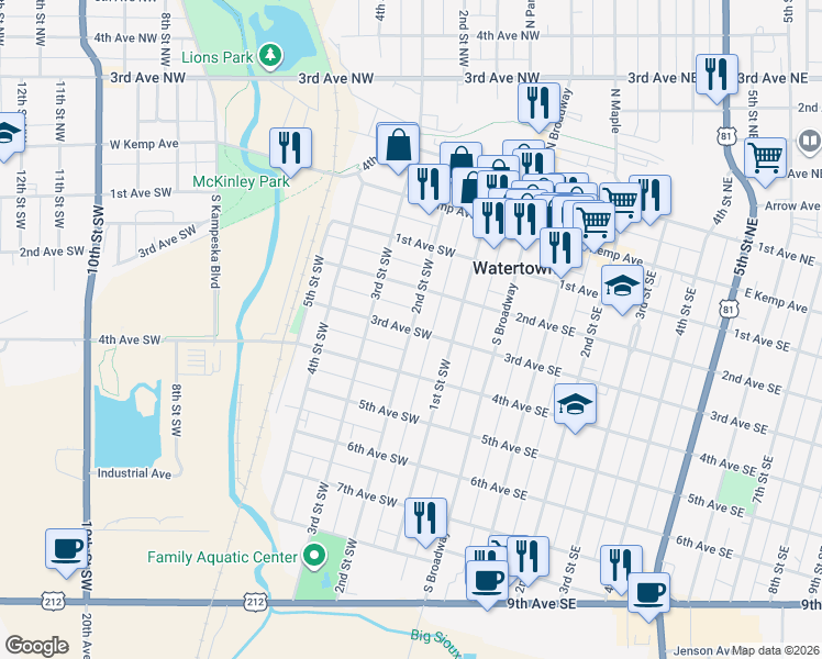 map of restaurants, bars, coffee shops, grocery stores, and more near 298 2nd St SW in Watertown