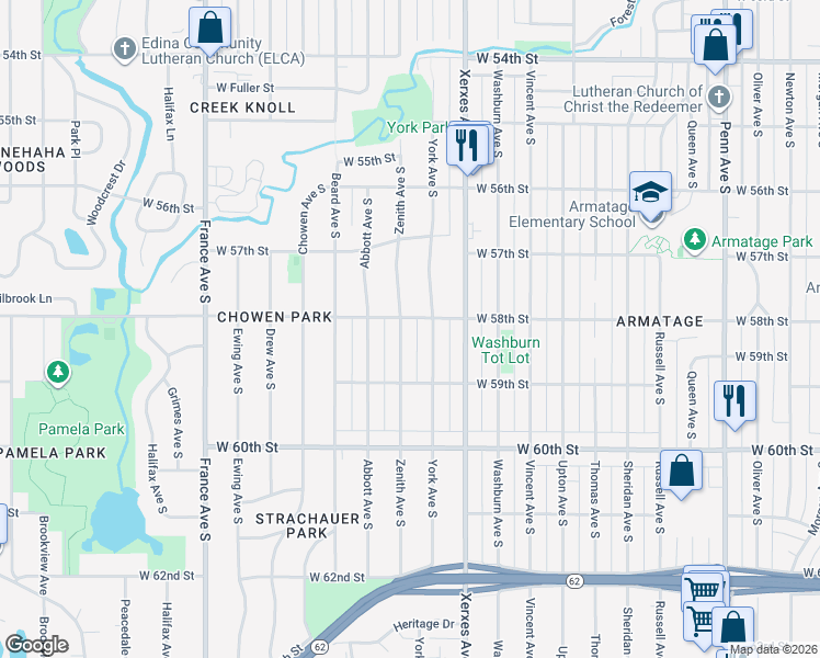 map of restaurants, bars, coffee shops, grocery stores, and more near 5801 Zenith Avenue South in Edina