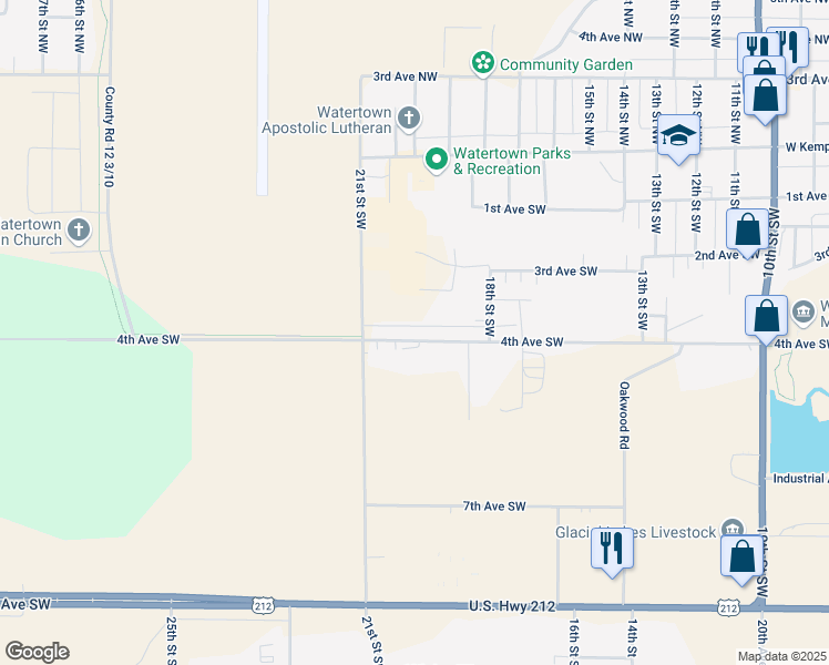 map of restaurants, bars, coffee shops, grocery stores, and more near 1913 4th Avenue Southwest in Watertown