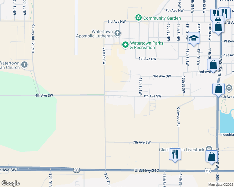 map of restaurants, bars, coffee shops, grocery stores, and more near 1913 4th Avenue Southwest in Watertown