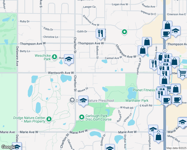 map of restaurants, bars, coffee shops, grocery stores, and more near 160 Wentworth Avenue West in Saint Paul