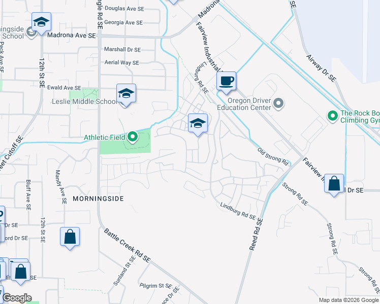 map of restaurants, bars, coffee shops, grocery stores, and more near 3970 Village Center Drive Southeast in Salem