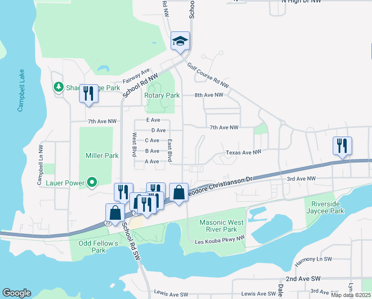 map of restaurants, bars, coffee shops, grocery stores, and more near 487 California Street Northwest in Hutchinson