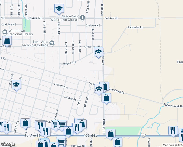 map of restaurants, bars, coffee shops, grocery stores, and more near 1806 Westminster Avenue North in Watertown