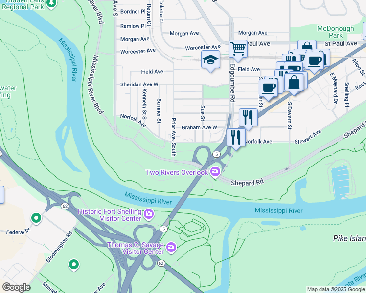 map of restaurants, bars, coffee shops, grocery stores, and more near 1920 Norfolk Avenue in Saint Paul