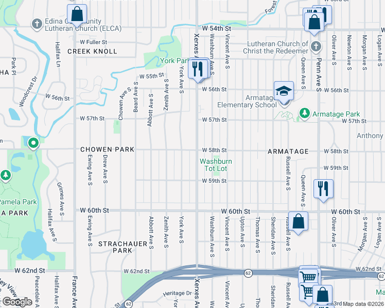 map of restaurants, bars, coffee shops, grocery stores, and more near 5741 York Avenue South in Edina