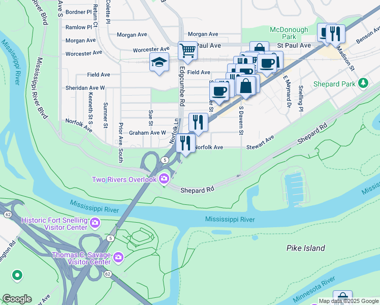 map of restaurants, bars, coffee shops, grocery stores, and more near 2706 Gannon Road in Saint Paul