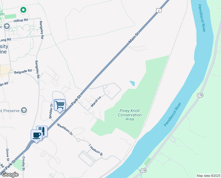 map of restaurants, bars, coffee shops, grocery stores, and more near 1 Black Bear Lane in Orono