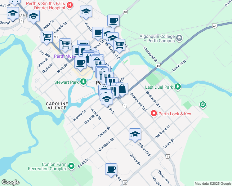 map of restaurants, bars, coffee shops, grocery stores, and more near 128 Lanark 10 in Perth