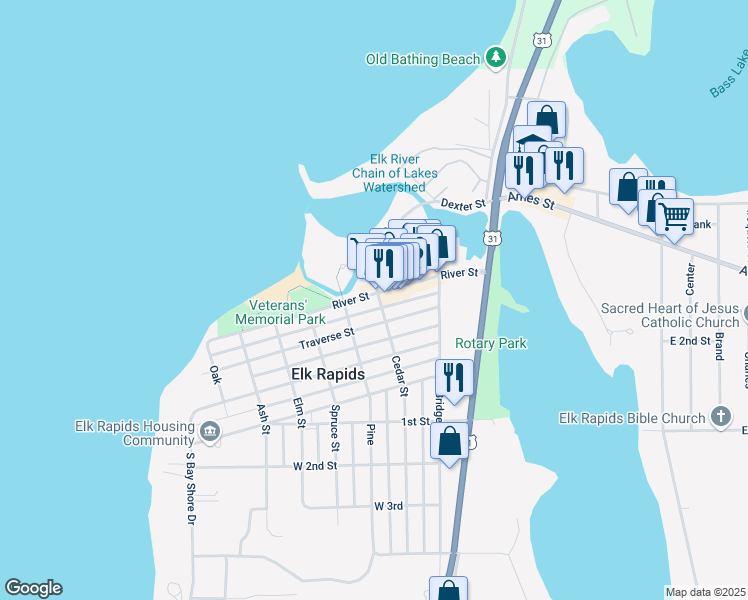 map of restaurants, bars, coffee shops, grocery stores, and more near 204 River Street in Elk Rapids