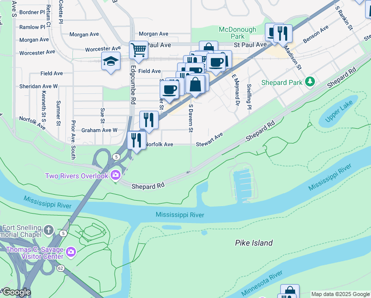 map of restaurants, bars, coffee shops, grocery stores, and more near in Saint Paul