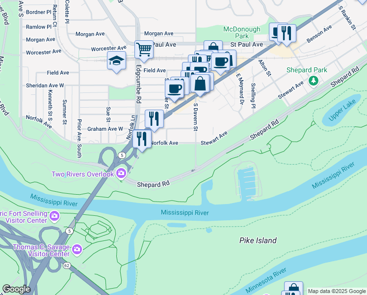 map of restaurants, bars, coffee shops, grocery stores, and more near 1704 Norfolk Avenue in Saint Paul