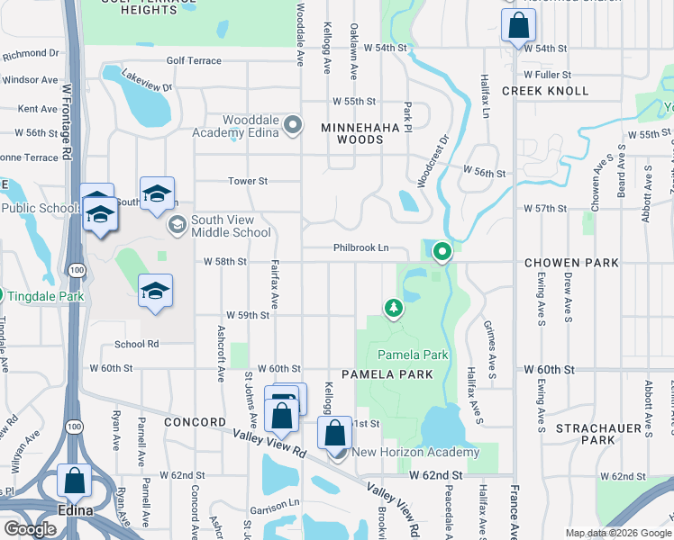 map of restaurants, bars, coffee shops, grocery stores, and more near 5801 Kellogg Avenue in Minneapolis