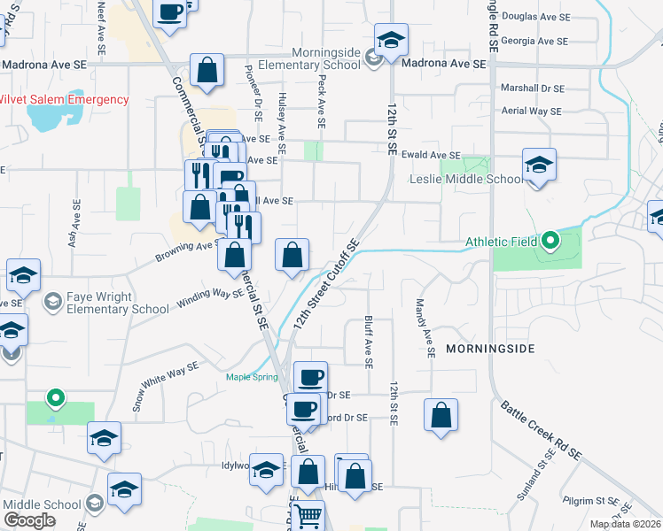 map of restaurants, bars, coffee shops, grocery stores, and more near 3988 Shaniko Court Southeast in Salem