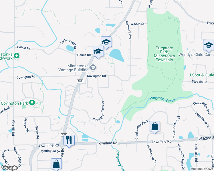 map of restaurants, bars, coffee shops, grocery stores, and more near 5831 Covington Terrace in Minnetonka