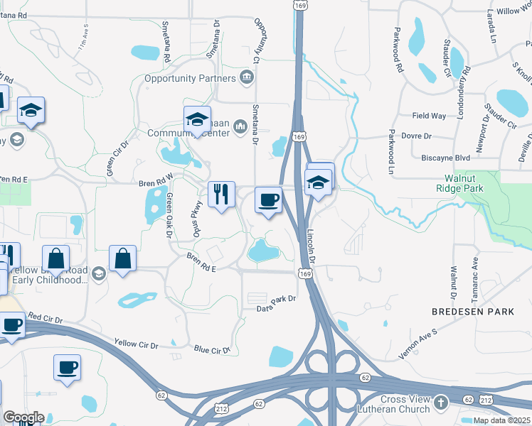 map of restaurants, bars, coffee shops, grocery stores, and more near 9900 Bren Road East in Minnetonka