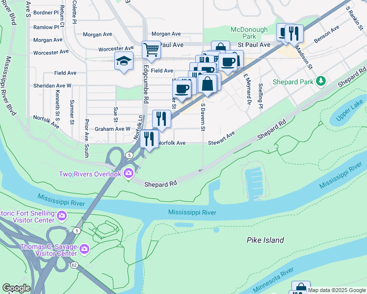 map of restaurants, bars, coffee shops, grocery stores, and more near 1740 Norfolk Avenue in Saint Paul