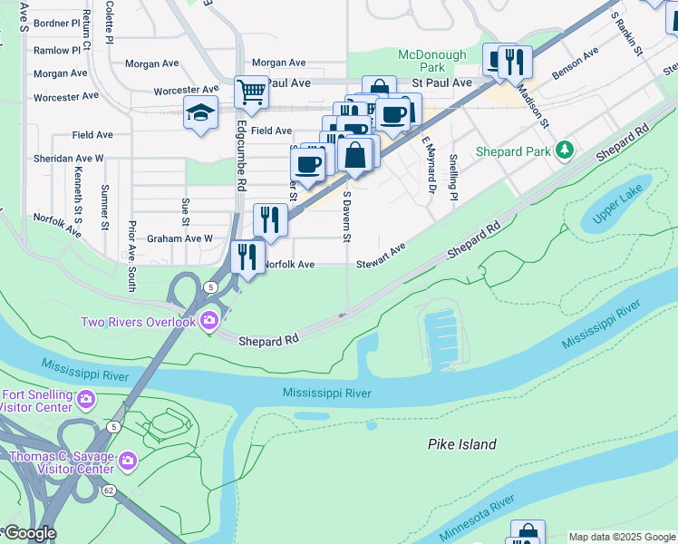 map of restaurants, bars, coffee shops, grocery stores, and more near 1704 Norfolk Avenue in Saint Paul