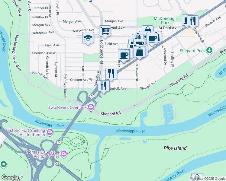 map of restaurants, bars, coffee shops, grocery stores, and more near 1774 Norfolk Avenue in Saint Paul