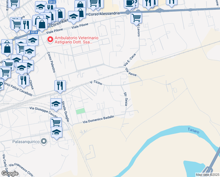 map of restaurants, bars, coffee shops, grocery stores, and more near 2 Via Belbo in Asti