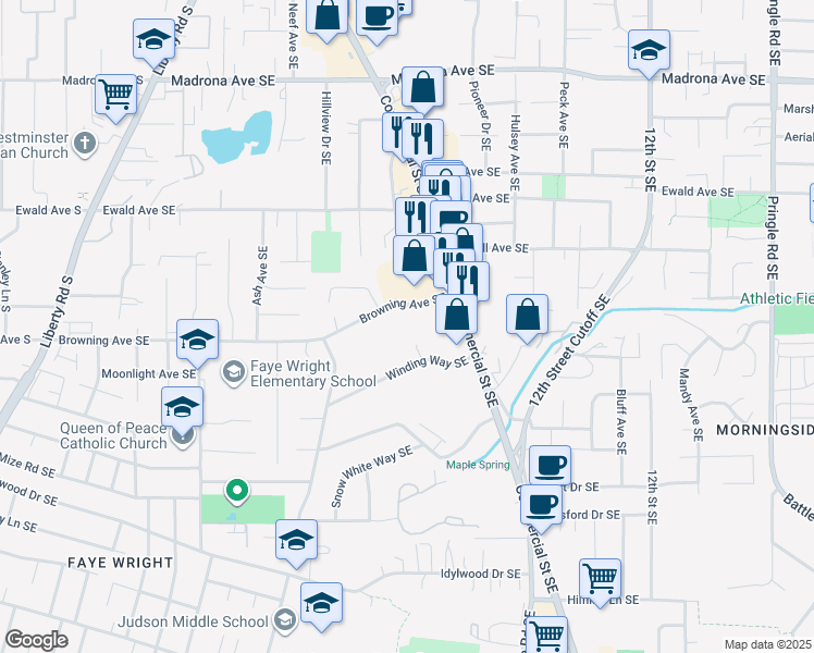 map of restaurants, bars, coffee shops, grocery stores, and more near 736 Browning Ave SE in Salem