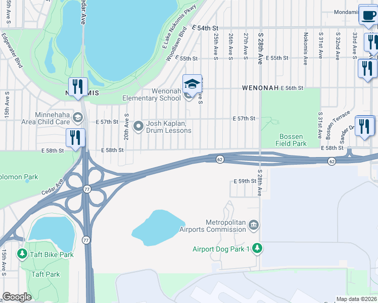 map of restaurants, bars, coffee shops, grocery stores, and more near 5801 23rd Avenue South in Minneapolis