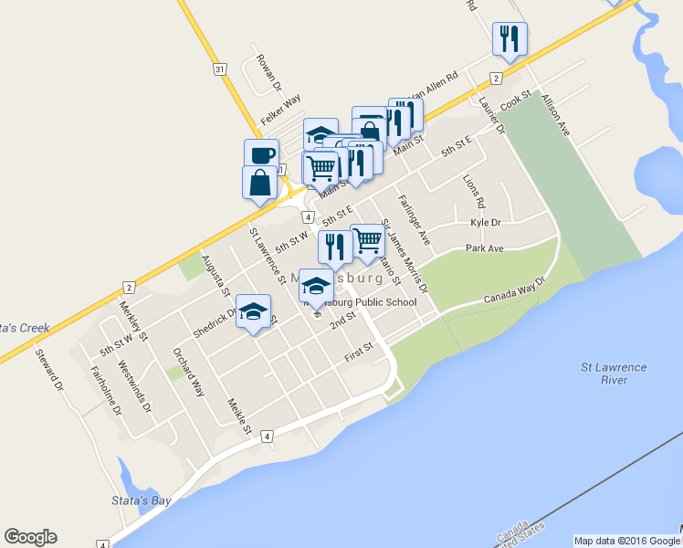 map of restaurants, bars, coffee shops, grocery stores, and more near 44-68 Ottawa Street in Morrisburg