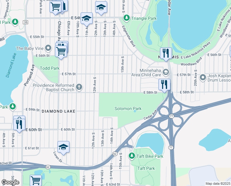 map of restaurants, bars, coffee shops, grocery stores, and more near 5800 14th Avenue South in Minneapolis